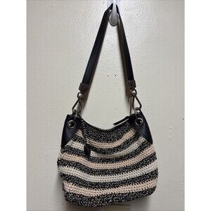 The Sak Indio Crochet Hobo Bag striped Faux Leather strap Shoulder GUC! 8X12